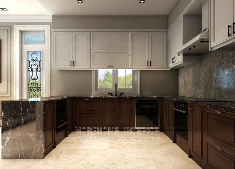 Sự dụng linh hoạt các vật liệu nhẹ, dễ lau chùi như đá, gỗ tự nhiên,… giúp tạo điểm nhấn không chỉ về tính thẩm mỹ và còn bởi sự tinh tế và tỉ mỉ trong thiết kế tủ bếp biệt thự Tủ bếp đẹp