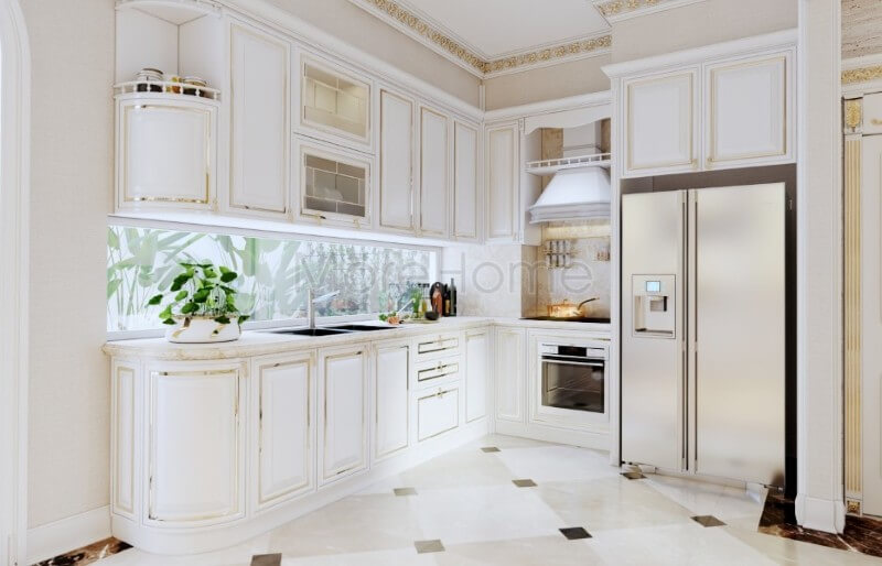 Thiết kế tủ bếp biệt thự kiểu dáng chữ L tân cổ điển đẹp mắt, từng chi tiết tinh tế trang trí đường ánh kim đơn giản tạo điểm nhấn đặc biệt giúp tăng thêm tính thẩm mỹ cho không gian nhà bếp Tủ bếp đẹp