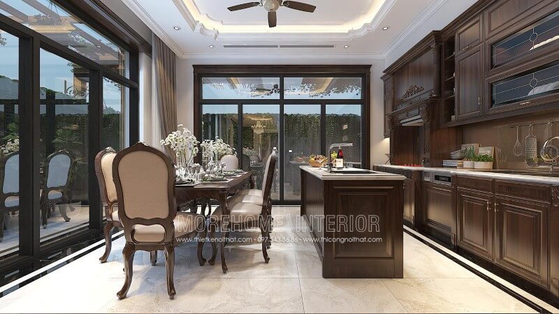 Sự kết hợp hài hòa giữa những đường nét tinh tế của phong cách tân cổ điển và sự trẻ trung, năng động của phong cách hiện đại, tủ bếp gỗ óc chó nhập khẩu mang đến không gian sang trọng và đầy tinh tế Tủ bếp gỗ, tủ bếp gỗ tự nhiên, tủ bếp tân cổ điển