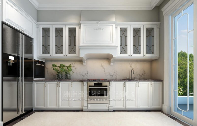 Mẫu tủ bếp tân cổ điển được thiết kế một cách tối giản, các đường nét chi tiết chạm khắc không quá cầu kì mà tập trung vào công năng sử dụng của sản phẩm mang đến một nhà bếp sang trọng mà không bị rối mắt Tủ bếp gỗ, tủ bếp gỗ tự nhiên, tủ bếp tân cổ điển