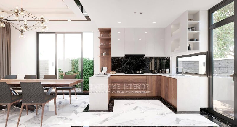 Mẫu tủ bếp chữ u được thiết kế ấn tượng với sự phân chia khoa học mang lại sự thuận tiện cho người nấu. Tủ bếp màu trắng và tủ bếp màu nâu đẹp