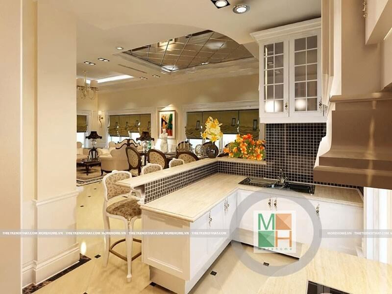 Mẫu tủ bếp tân cổ điển với thiết kế hình chữ L kết hợp với thiết bị bếp hiện đại tạo sự tiện nghi cho người nội trợ Tủ bếp màu trắng và tủ bếp màu nâu đẹp