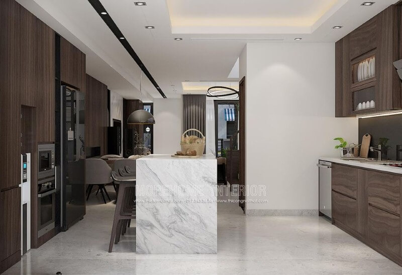 Tủ bếp gỗ đặc biệt vân gỗ óc chó là một trong những xu hướng thiết kế nội thất ấn tượng nhất hiện nay. Thiết kế nội thất chung cư