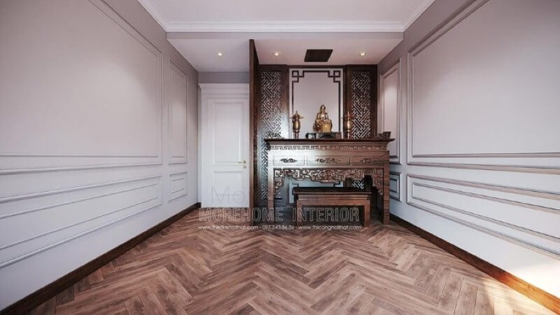 Tủ thờ kết hợp vách ngăn gỗ đẹp tạo nét trang trọng cho phòng thờ chung cư, biệt thự, nhà phố. Mẫu nội thất chung cư đẹp