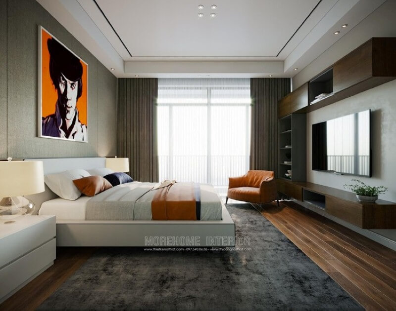 Trang trí nội thất phòng ngủ ấn tượng với hệ cửa lớn cùng rèm 2 lớp vừa tận dụng tối đa ánh sáng tự nhiên nhưng vẫn giúp căn phòng chống lại sức nóng oi ả ngày hè hiệu quả. Mẫu thiết kế nội thất chung cư đẹp