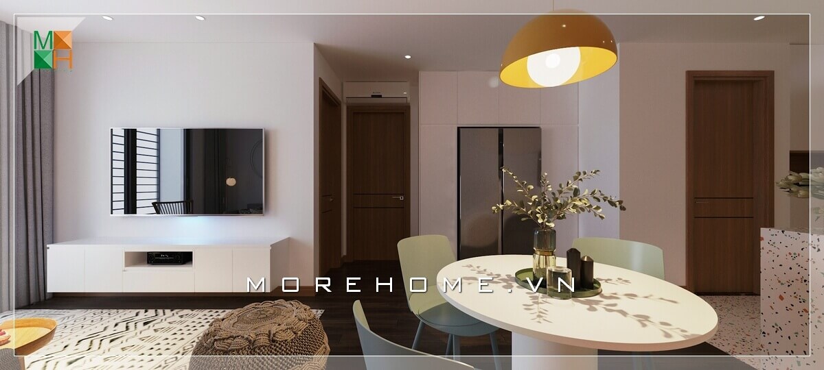 Thiết kế, sắp xếp nội thất phòng khách kết hợp phòng bếp ăn hiện đại phù hợp cho diện tích chung cư nhỏ đầy ấn tượng. Mẫu thiết kế nội thất chung cư đẹp