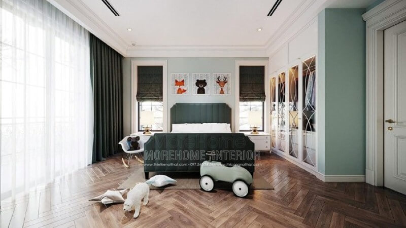 Giường ngủ bọc nệm màu xanh đẹp độc đáo cho phòng trẻ em. Thiết kế phòng ngủ biệt thự