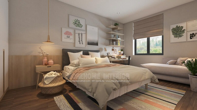 Gạch giả gỗ ốp tường cùng cách bố trí hiện đại, độc đáo đã tạo nên phòng ngủ trẻ trung, sinh động. Thiết kế phòng ngủ biệt thự