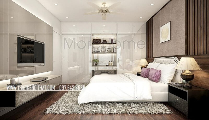 Bố trí nội thất phòng ngủ master đẹp, sang trọng ấn tượng với tủ quần áo hiện đại, giường bọc nệm đương đại kết hợp cùng gỗ ốp tường gỗ óc chó cao cấp. Thiết kế phòng ngủ biệt thự