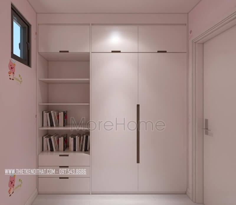 Tủ quần áo kết hợp kệ hở để sách vừa tiện dụng vừa gọn gàng cho phòng ngủ con trai. Thiết kế phòng ngủ biệt thự