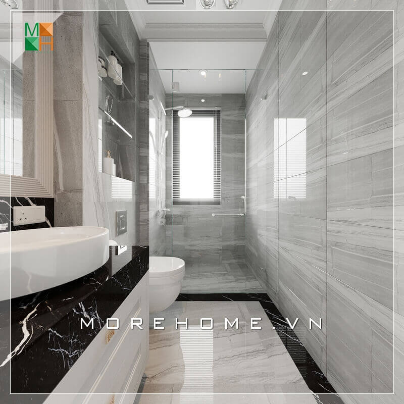 Ngoài ra thiết kế còn sửa dụng kính làm vách ngăn thông minh giữa nhà tắm với WC rất hiện đại.