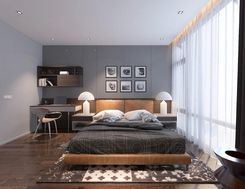 Mảng tường được kiến trúc sư lựa chọn các mẫu tranh canvas nhỏ nhằm tránh được sự trống trải trong căn phòng