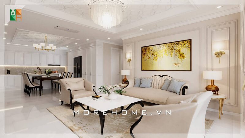 Mẫu tranh canvas họa tiết sống động sắc vàng tạo điểm nhấn riêng cho không gian phòng khách tân cổ điển.