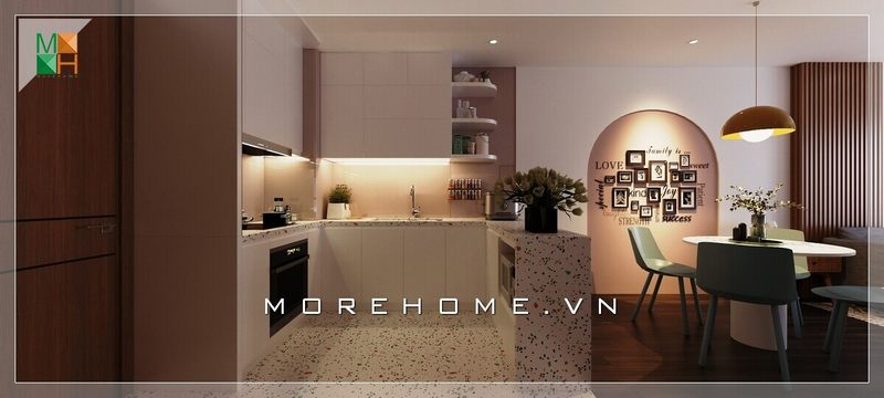 Phong cách thiết kế nội thất bếp hiện đại,màu sắc hài hòa. Thiết kế phòng ăn cũng rất sáng tạo và ấn tượng từ việc lựa chọn tủ bếp hiện đại, bàn ghế đến trang trí các tranh canvas treo tường rất cuốn hút.