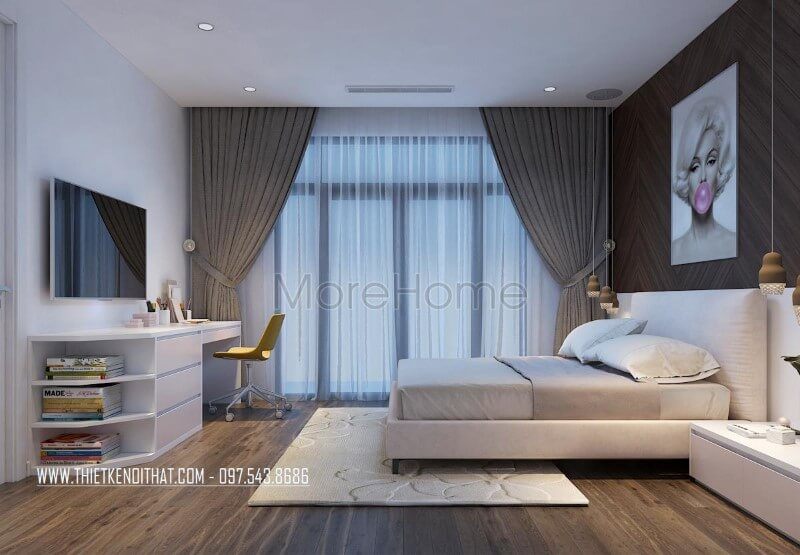 Mẫu bàn làm việc gỗ công nghiệp hiện đại với thiết kế đơn giản liền kệ sách sẽ giúp người sở hữu có được sự tiện nghi.