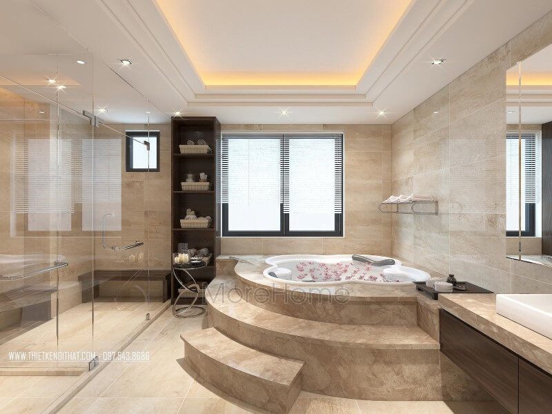 Kệ gỗ công nghiệp được sử dụng để trưng bày các vật dụng phòng tắm dạng đứng đơn giản và hiện đại.