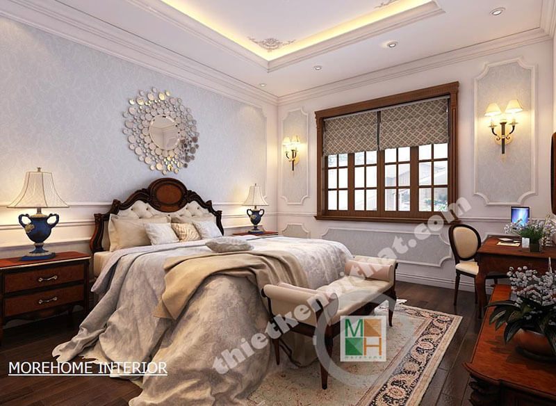 Mẫu giường ngủ gỗ tự nhiên cao cấp có thiết kế tân cổ điển để tạo nên sự sang trọng cho phòng ngủ.